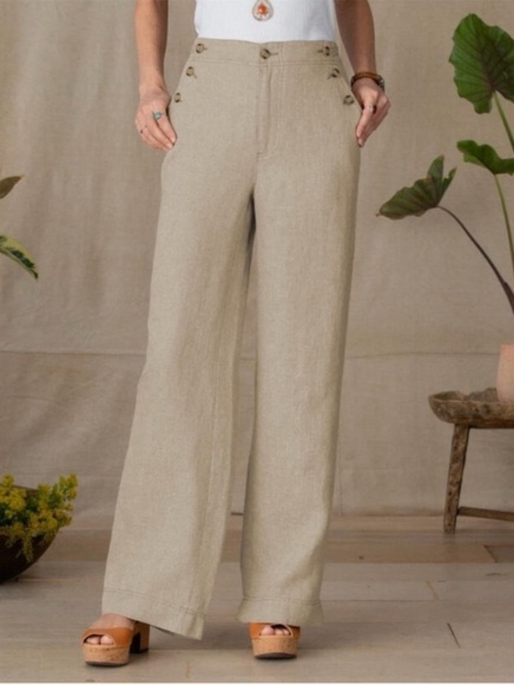 NWT Sundance Oaklee Easy Pants 100% Linen Beige Tan Straight Wide Leg Trousers